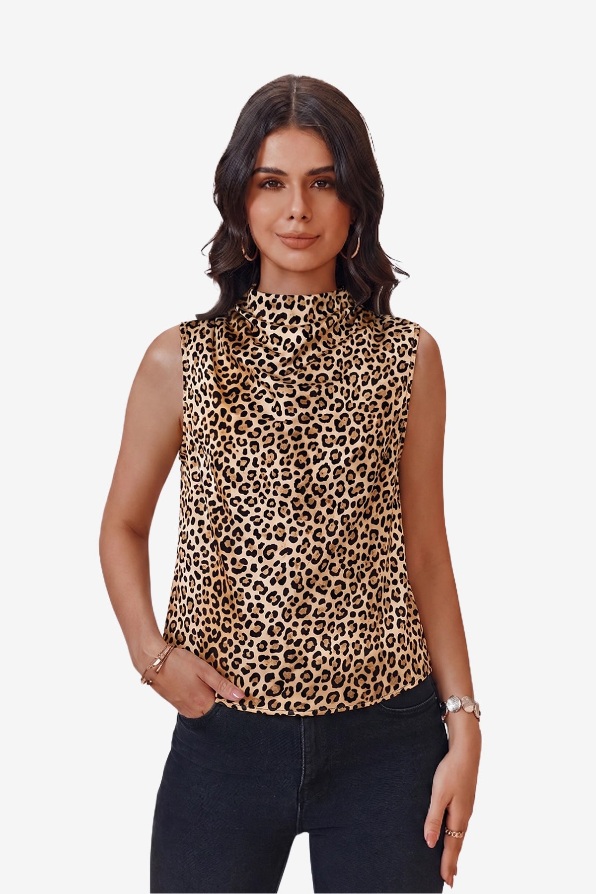 Womens Leopard Print Mock Neck Satin Tank Tops | CicyBell