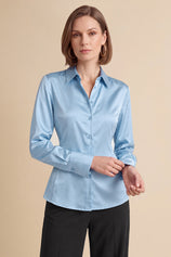 Womens Light Blue Satin Button Down Shirt | CicyBell