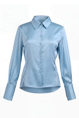 Womens Light Blue Satin Button Down Shirt | CicyBell