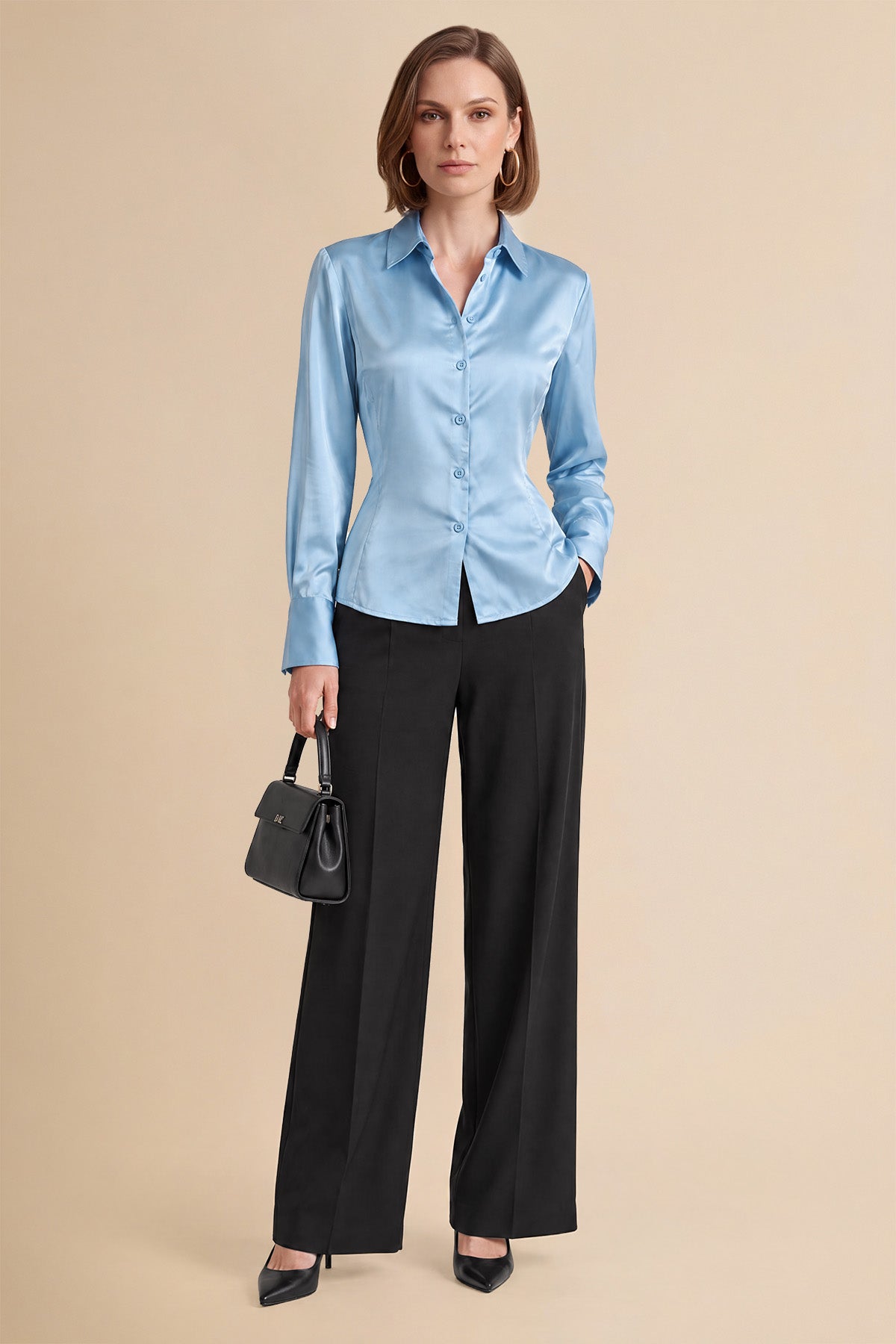 Womens Light Blue Satin Button Down Shirt | CicyBell