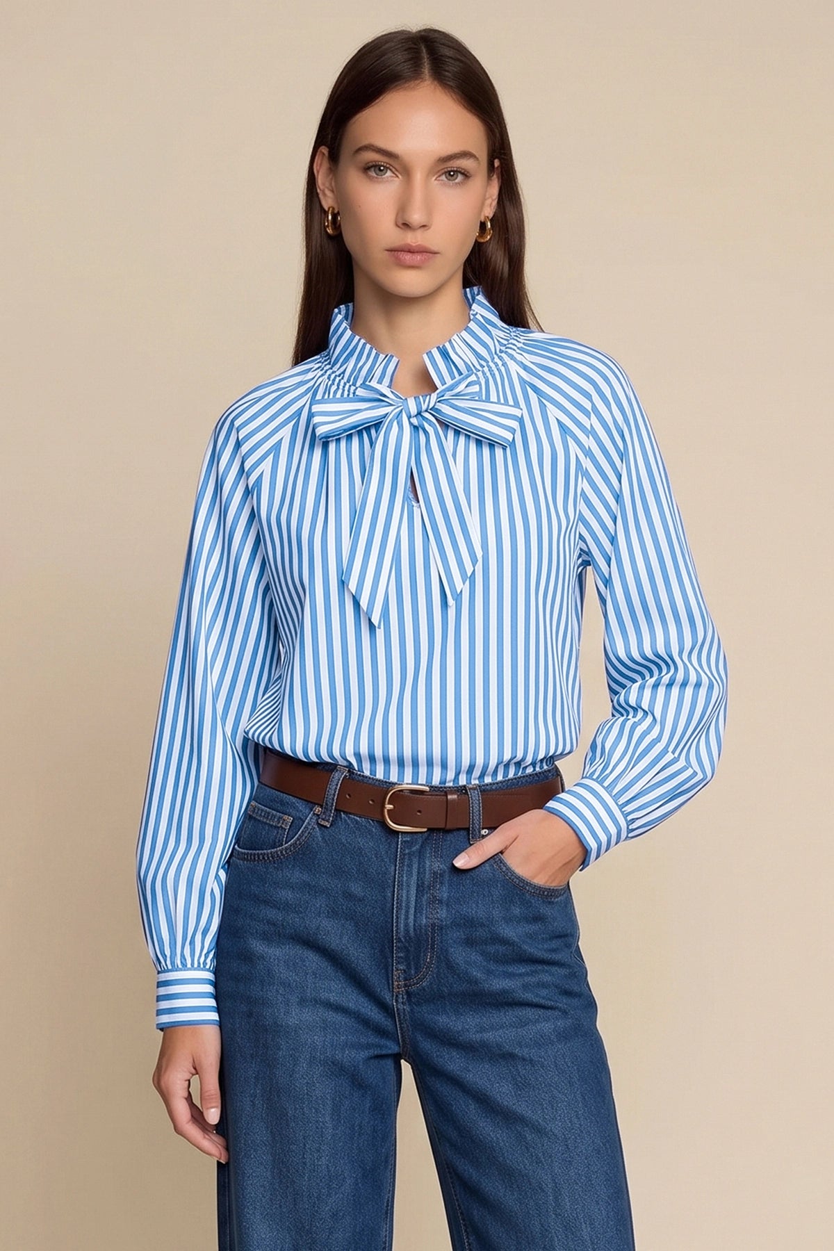 Womens Light Blue Striped Bow Tie Shirts | CicyBell