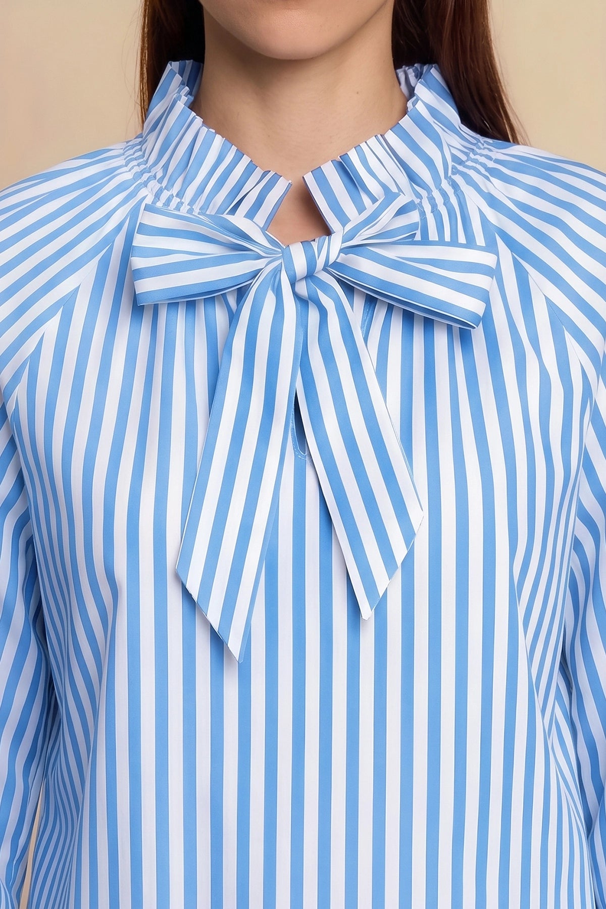 Womens Light Blue Striped Bow Tie Shirts | CicyBell