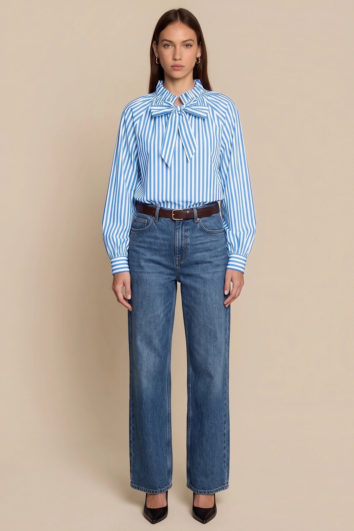 Womens Light Blue Striped Bow Tie Shirts | CicyBell