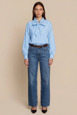 Womens Light Blue Striped Bow Tie Shirts | CicyBell