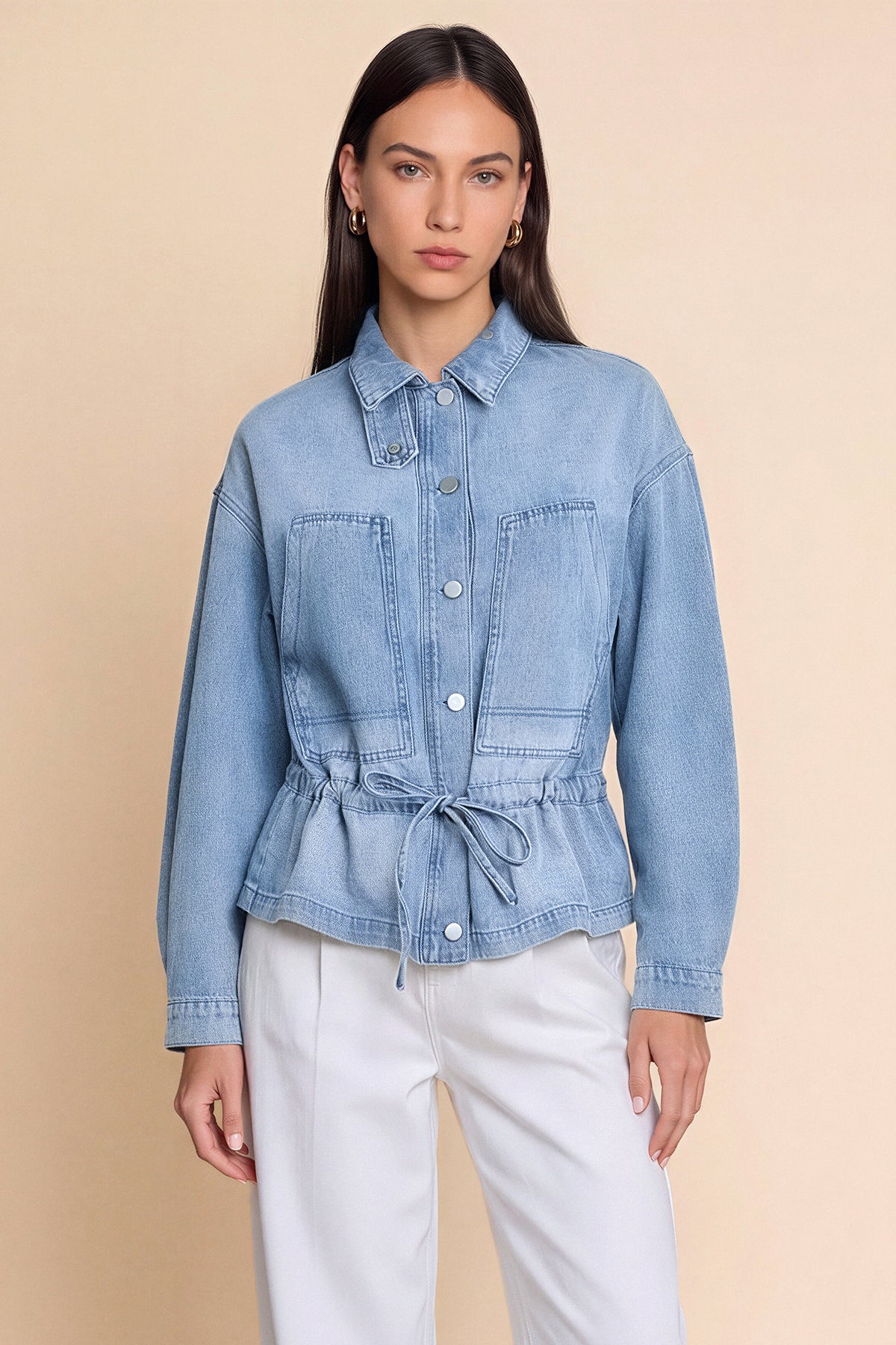 Womens Light Blue Drawstring Denim Jacket | CicyBell
