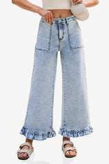 Womens Light Blue Ruffle Wide Leg Jeans | CicyBell