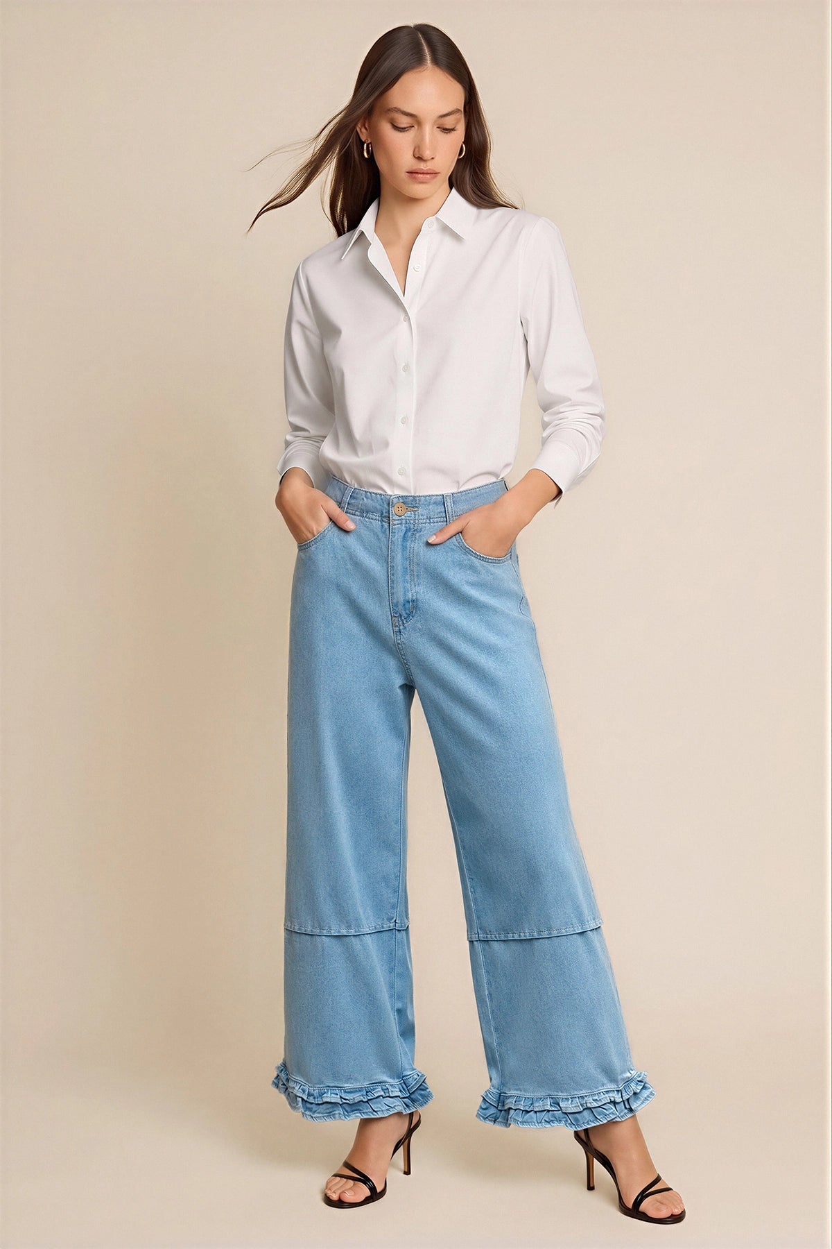 Womens Light Blue Ruffle Wide Leg Jeans | CicyBell