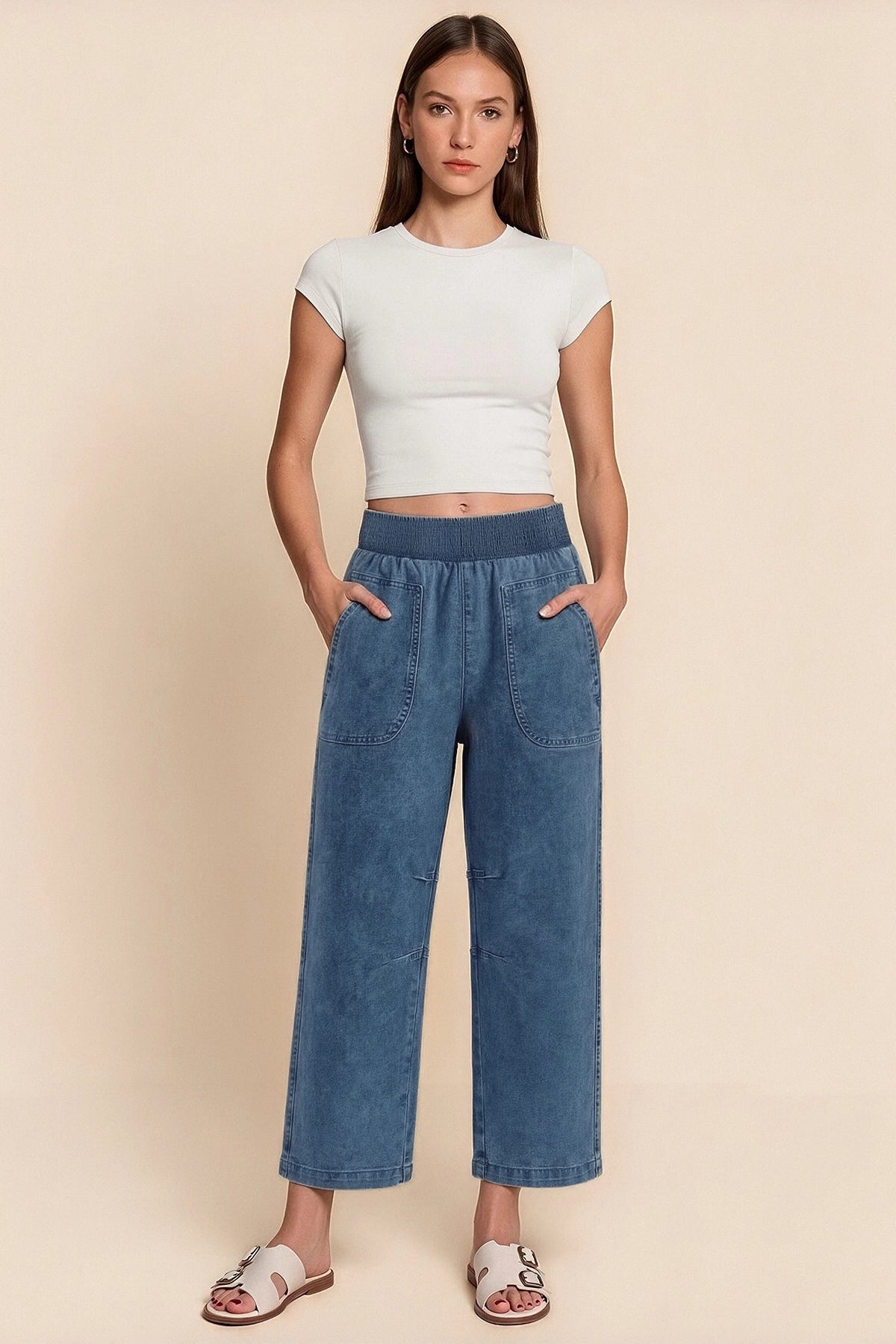 Cicy Bell Womens Light Blue Smocked Barrel Jeans