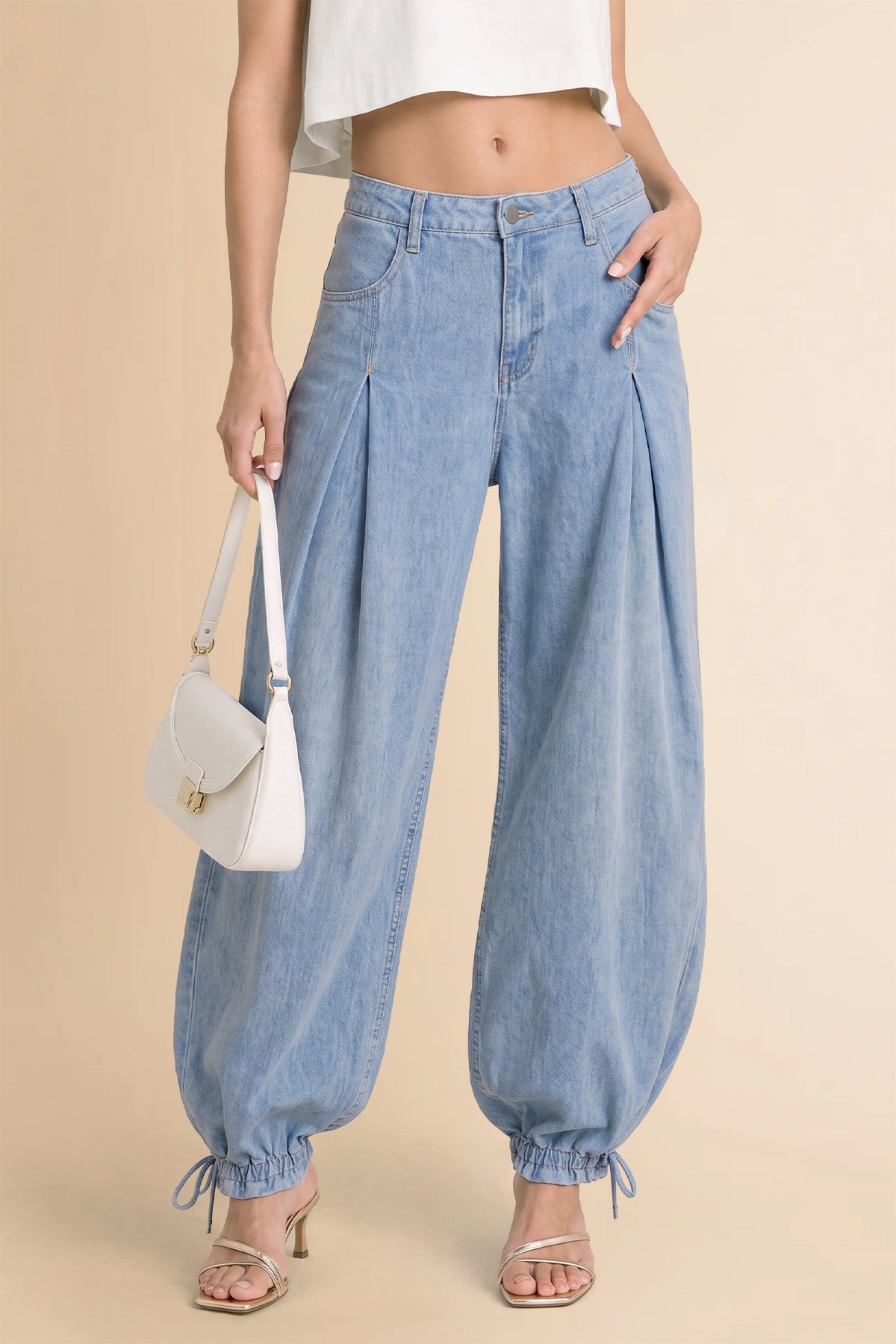 Womens Light Blue Barrel Balloon Pleated Jeans | CicyBell