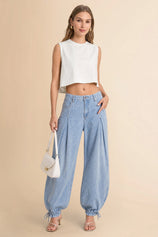 Womens Light Blue Barrel Balloon Pleated Jeans | CicyBell