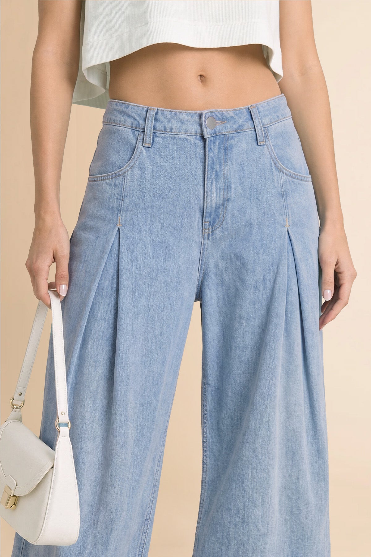Womens Light Blue Barrel Balloon Pleated Jeans | CicyBell