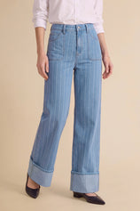 Womens Light Blue Striped Wide Leg Jeans | CicyBell