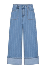 Womens Light Blue Striped Wide Leg Jeans | CicyBell