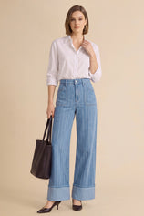 Womens Light Blue Striped Wide Leg Jeans | CicyBell