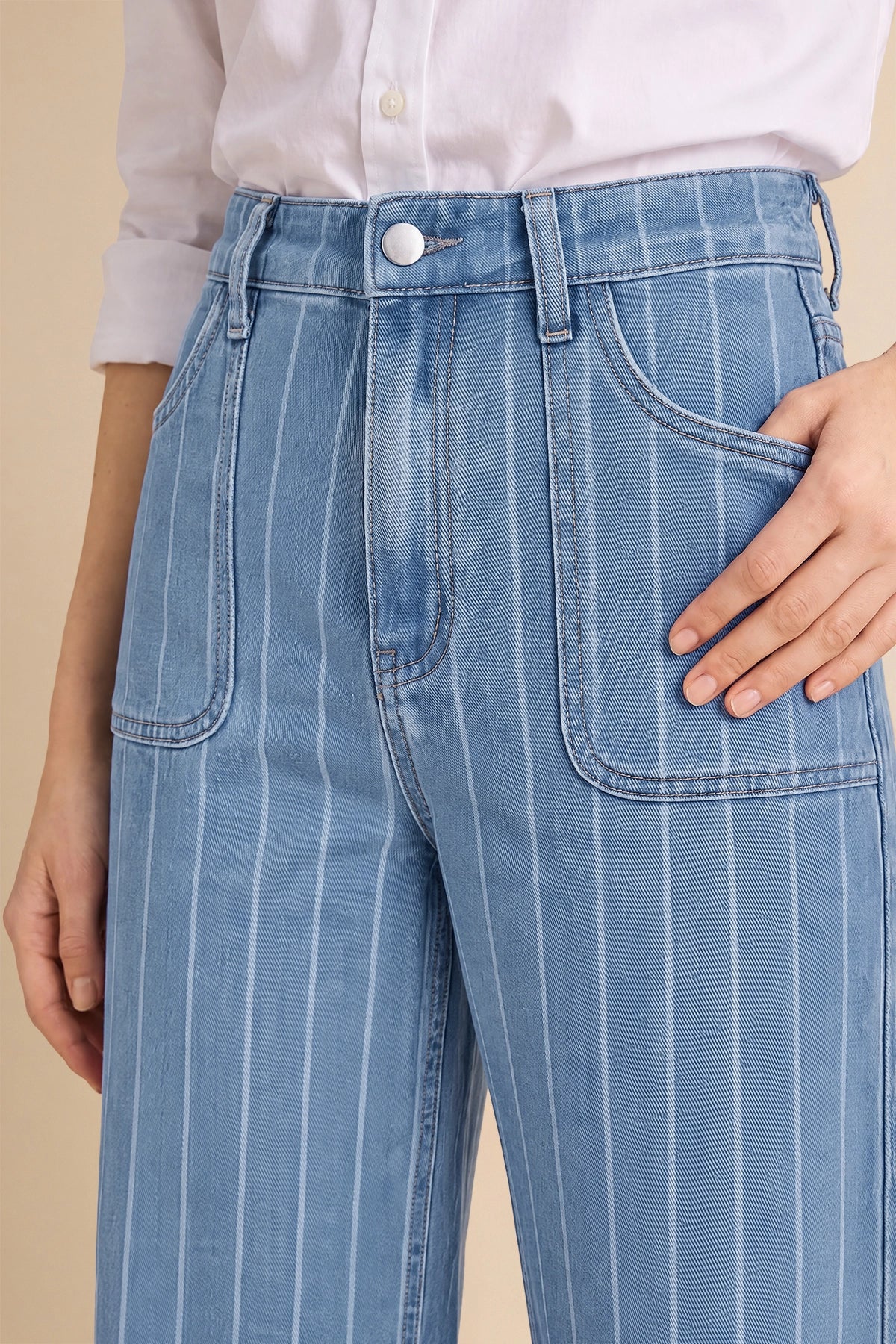 Womens Light Blue Striped Wide Leg Jeans | CicyBell