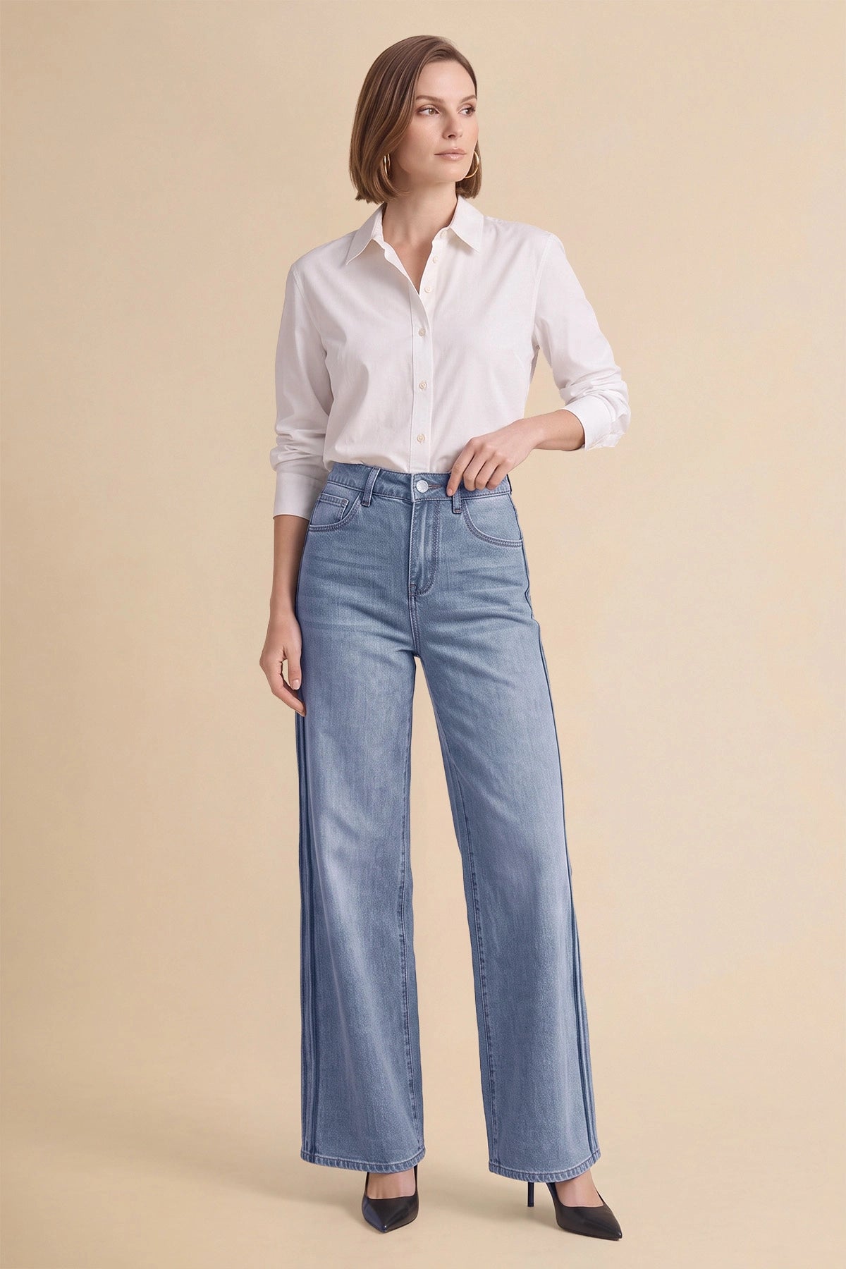 Womens Light Blue Wide Leg Striped High Waisted Jeans | Cicy Bell