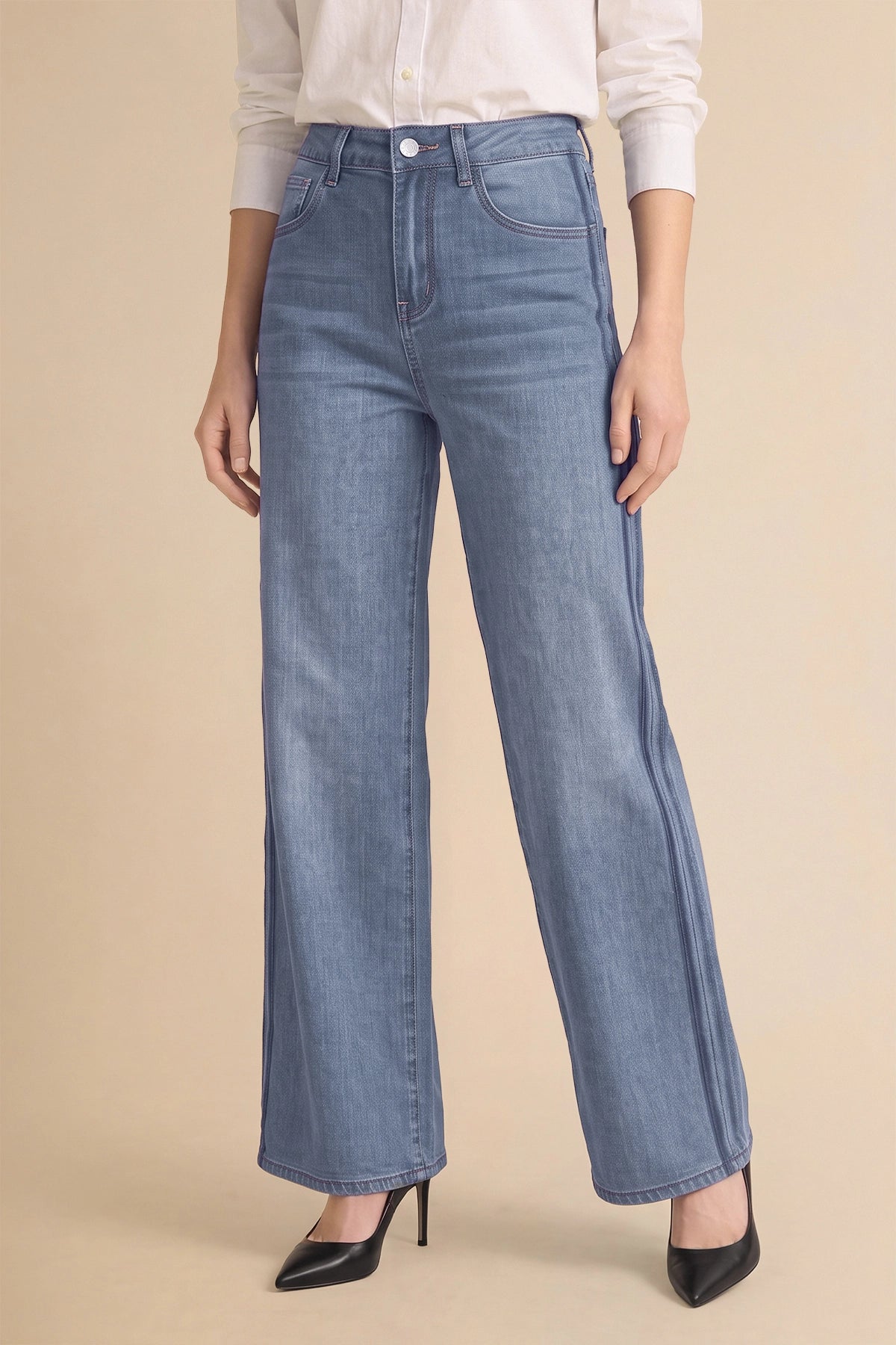 Womens Light Blue Wide Leg Striped High Waisted Jeans | Cicy Bell