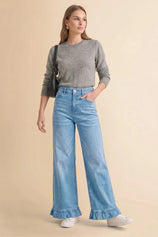 Womens Light Blue Ruffle Wide Leg Jeans | CicyBell