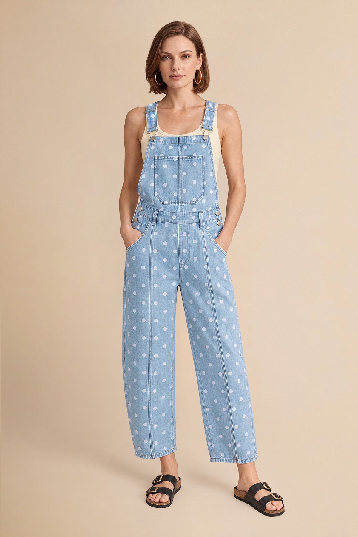 Womens Light Blue Polka Dot Bib Denim Overalls| CicyBell