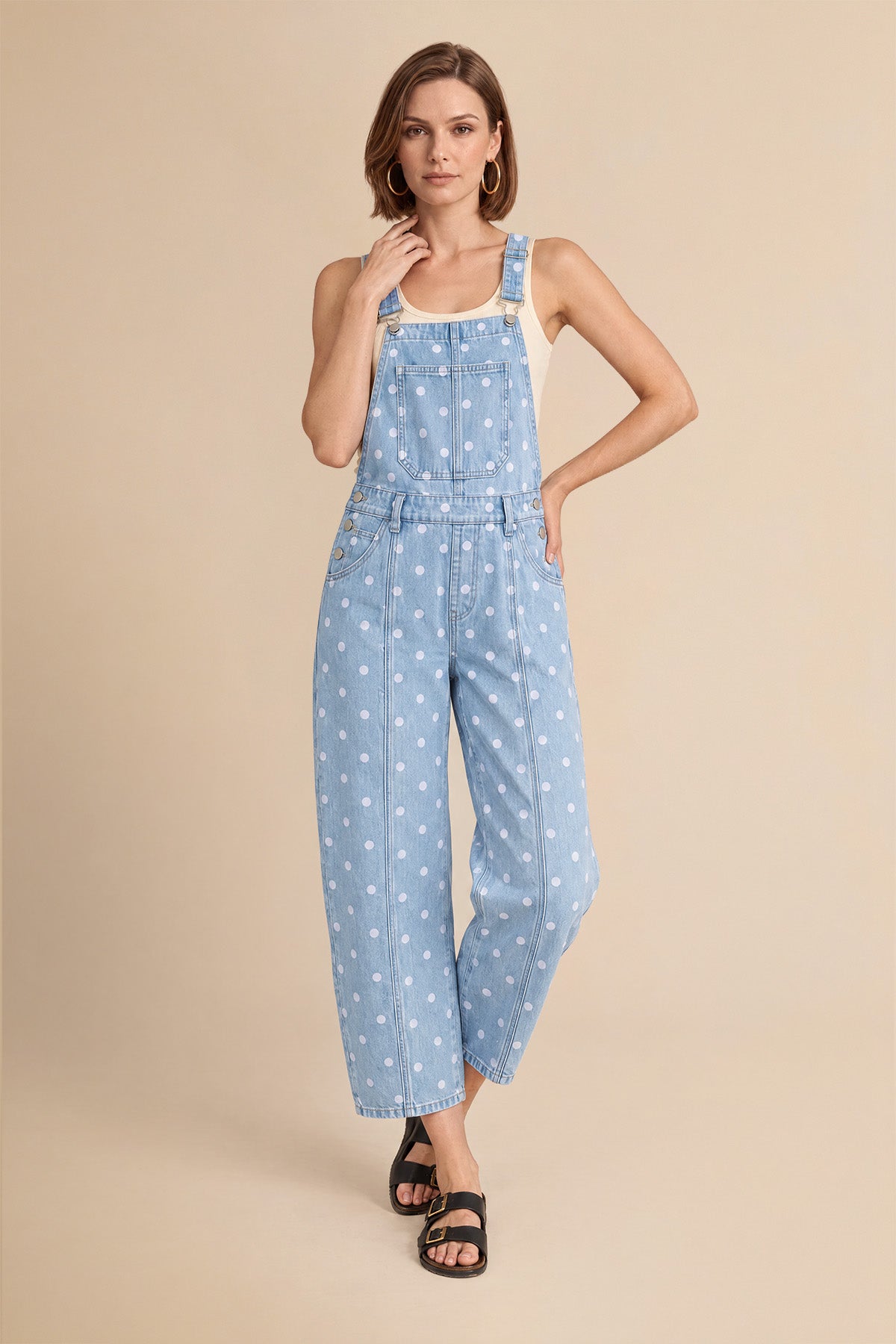 Womens Light Blue Polka Dot Bib Denim Overalls| CicyBell