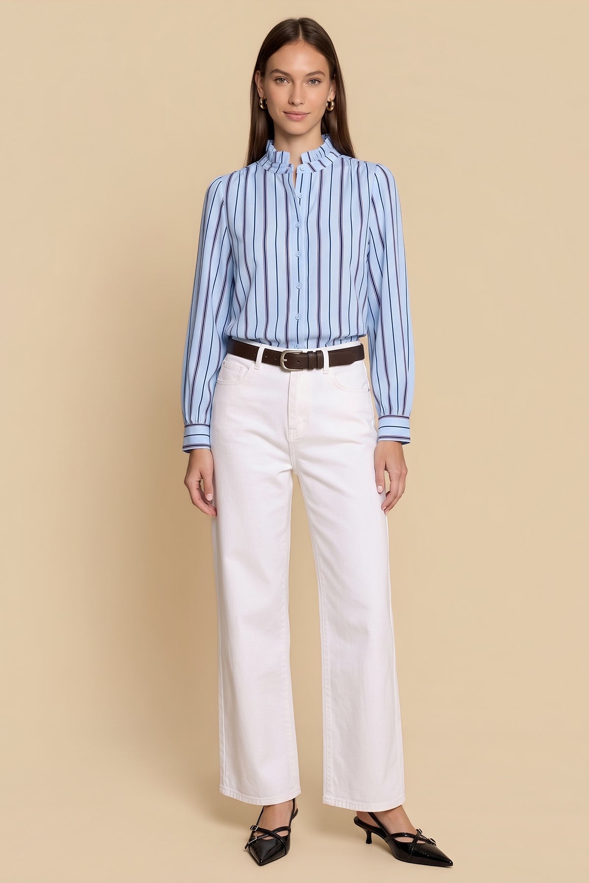 Womens Light Blue Striped Button Down Shirts | CicyBell