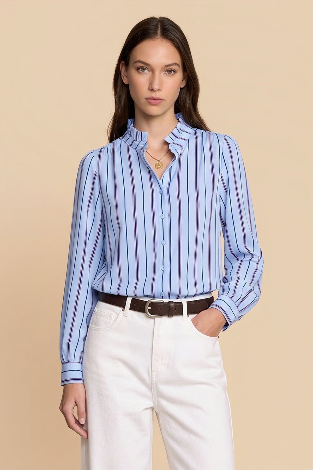 Womens Light Blue Striped Button Down Shirts | CicyBell