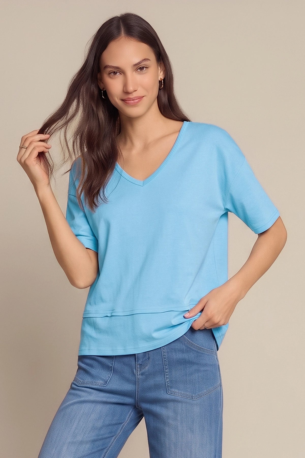 Womens Light Blue Summer V Neck T Shirts | CicyBell