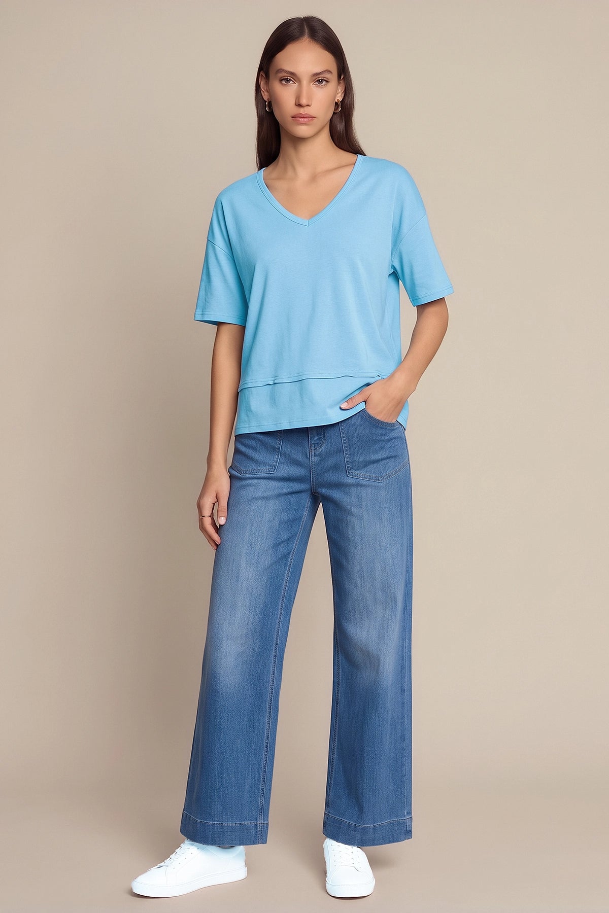 Womens Light Blue Summer V Neck T Shirts | CicyBell