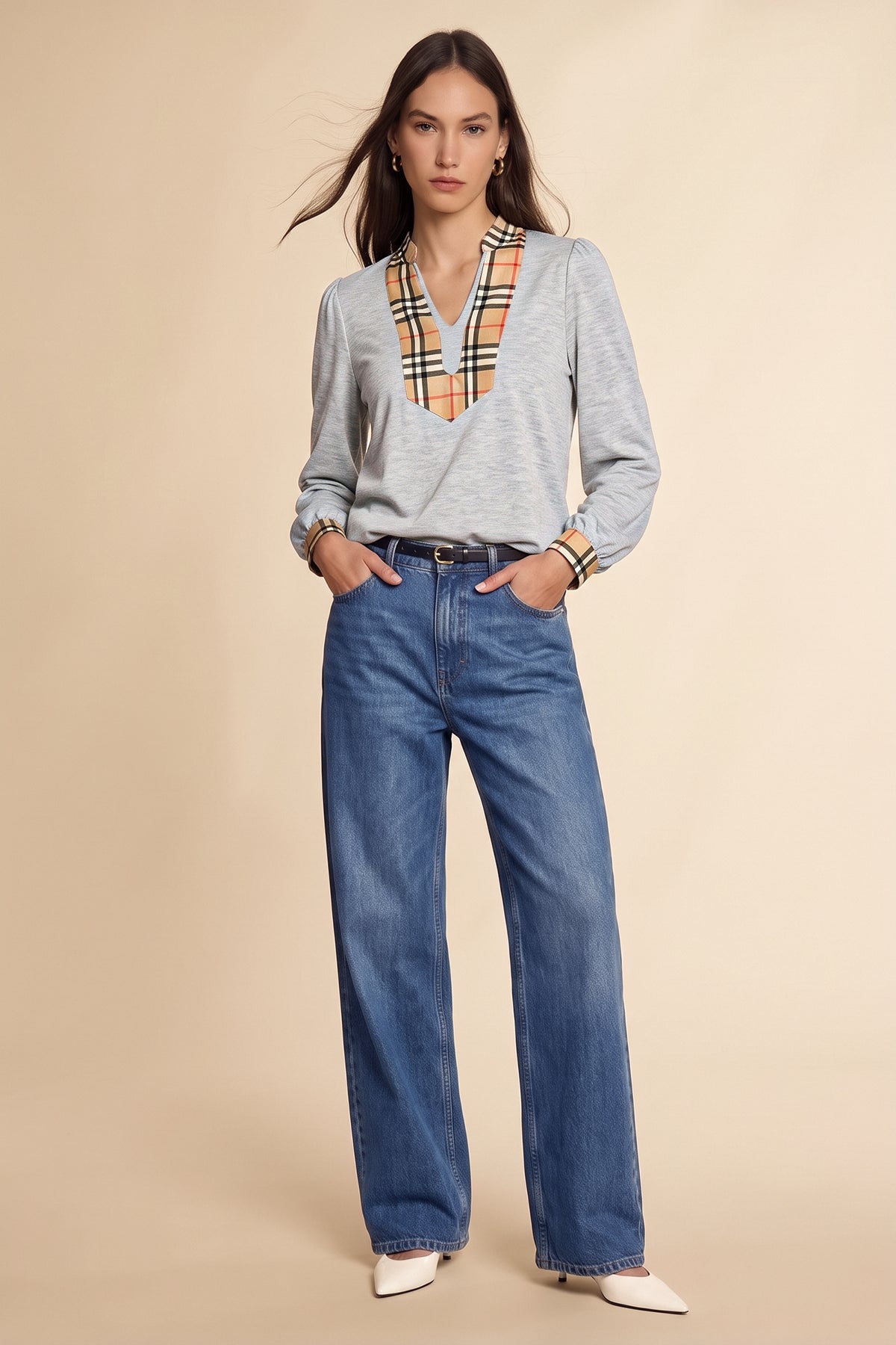Womens Light Grey Puff Long Sleeve Blouse | CicyBell