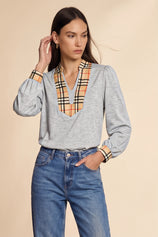 Womens Light Grey Puff Long Sleeve Blouse | CicyBell