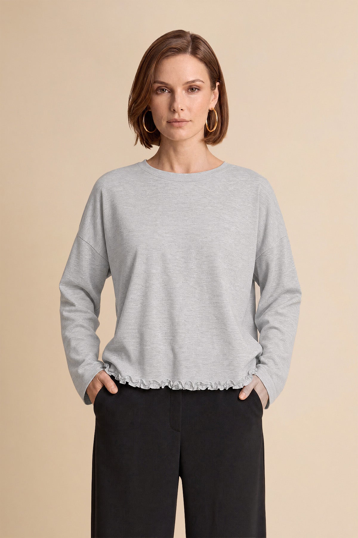 Womens Light Grey Oversized Ruffle Hem Tops | CicyBell