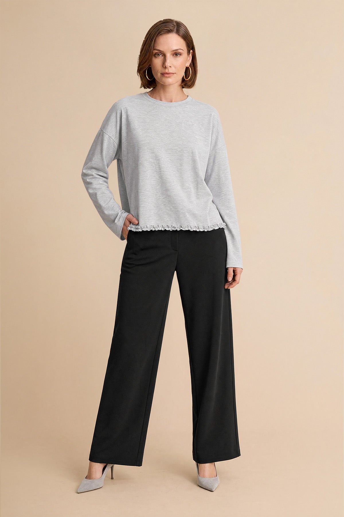 Womens Light Grey Oversized Ruffle Hem Tops | CicyBell