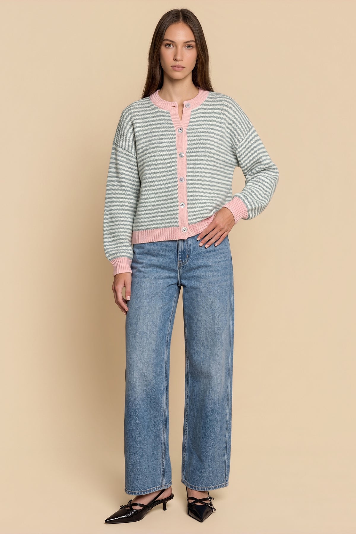 Womens Light Grey Striped Cardigan Sweaters | CicyBell