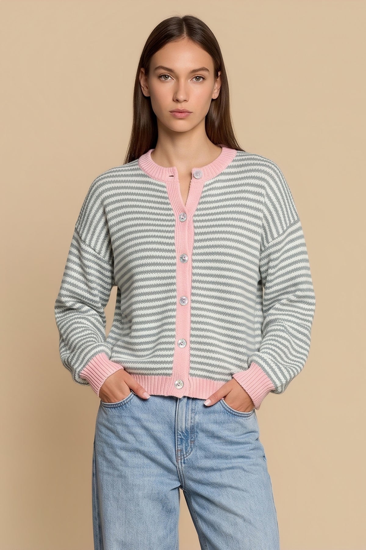 Womens Light Grey Striped Cardigan Sweaters | CicyBell