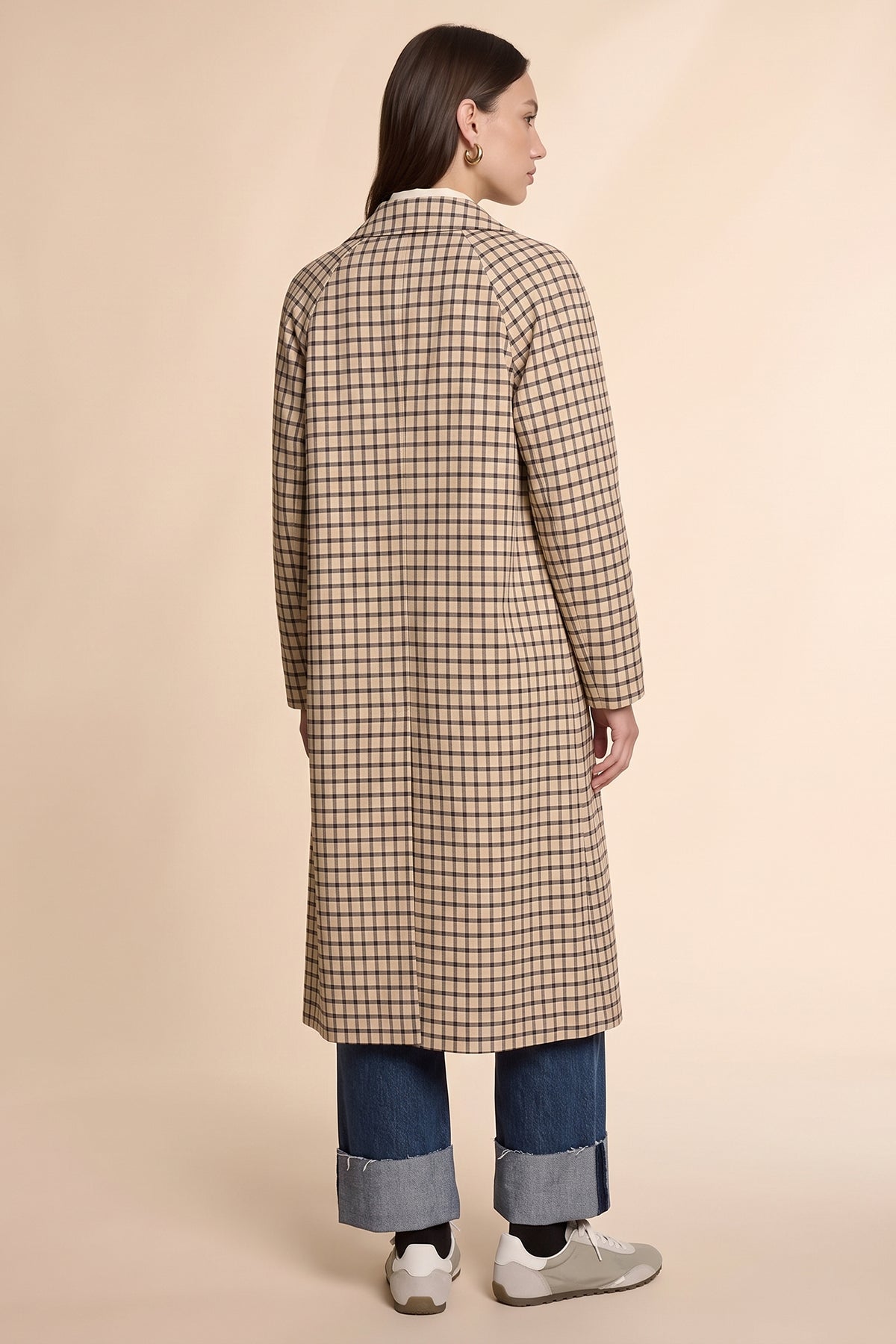 Womens Light Khaki Plaid Trench Long Coat | CicyBell