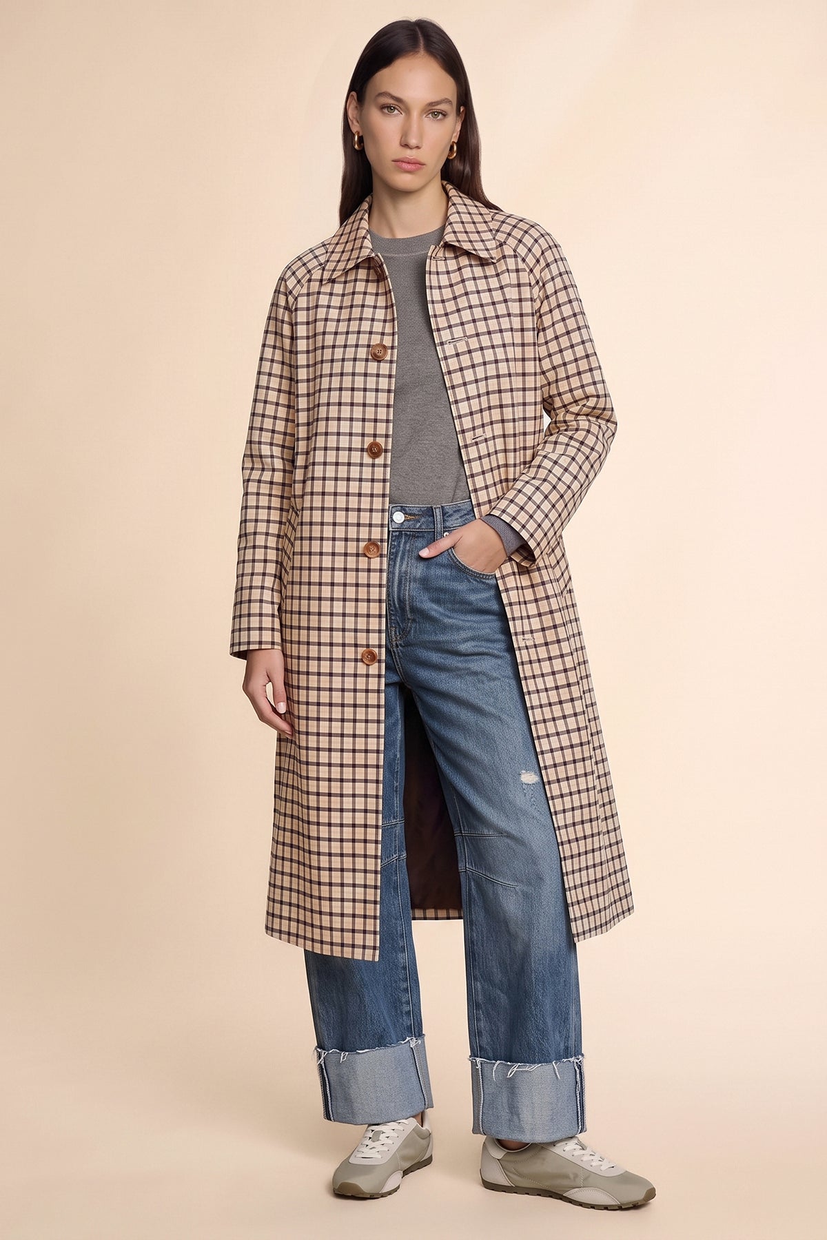 Womens Light Khaki Plaid Trench Long Coat | CicyBell