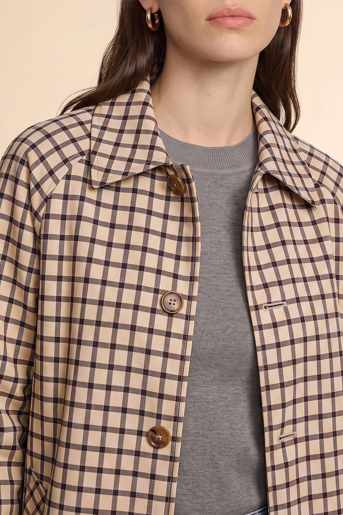 Womens Light Khaki Plaid Trench Long Coat | CicyBell