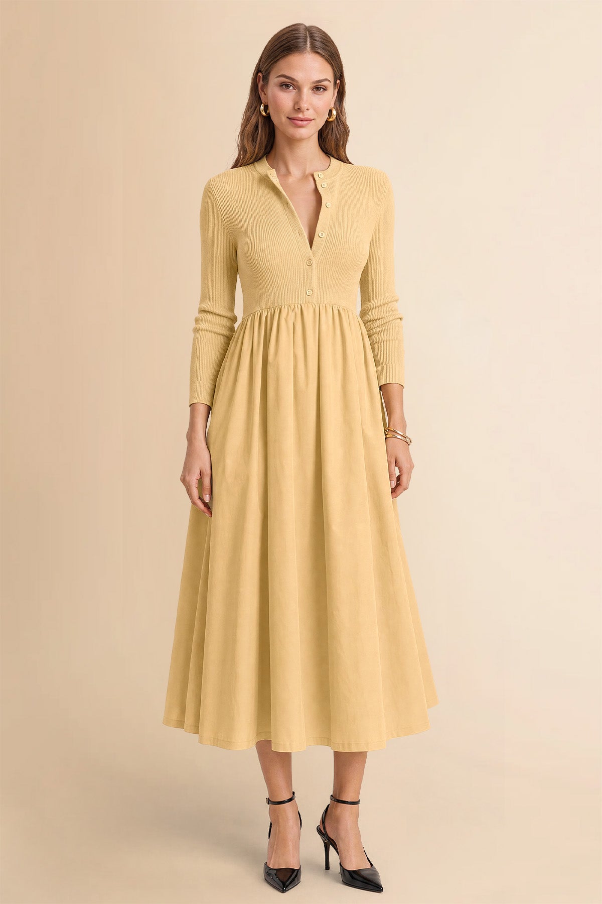 Womens Light Khaki Long Sleeve A-Line Midi Dress| CicyBell