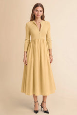 Womens Light Khaki Long Sleeve A-Line Midi Dress| CicyBell
