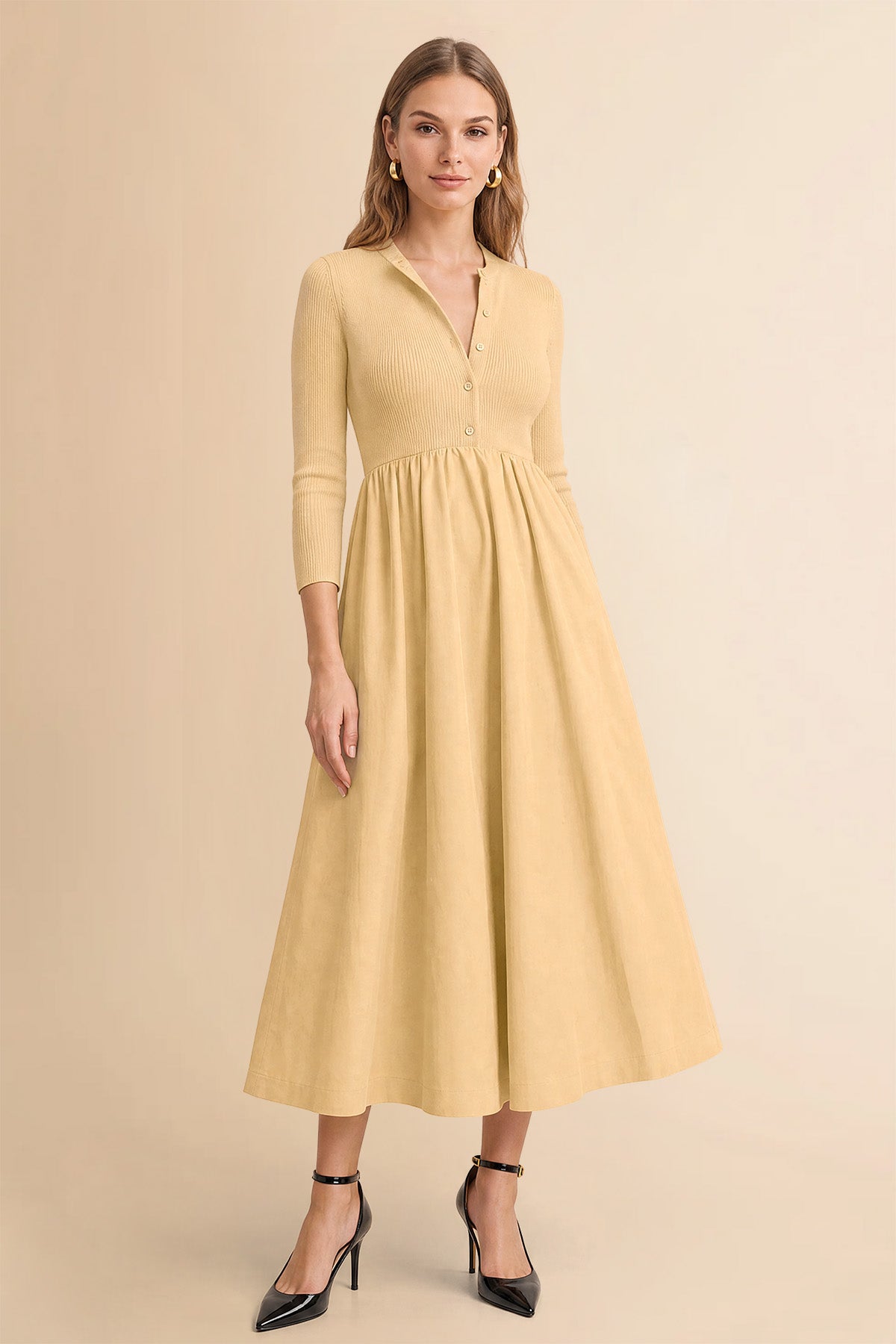 Womens Light Khaki Long Sleeve A-Line Midi Dress| CicyBell