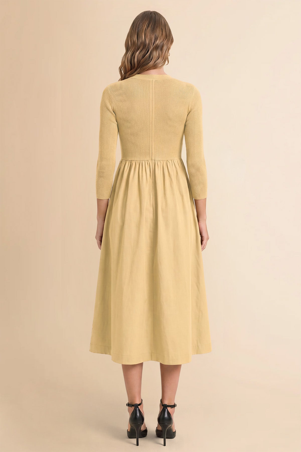 Womens Light Khaki Long Sleeve A-Line Midi Dress| CicyBell
