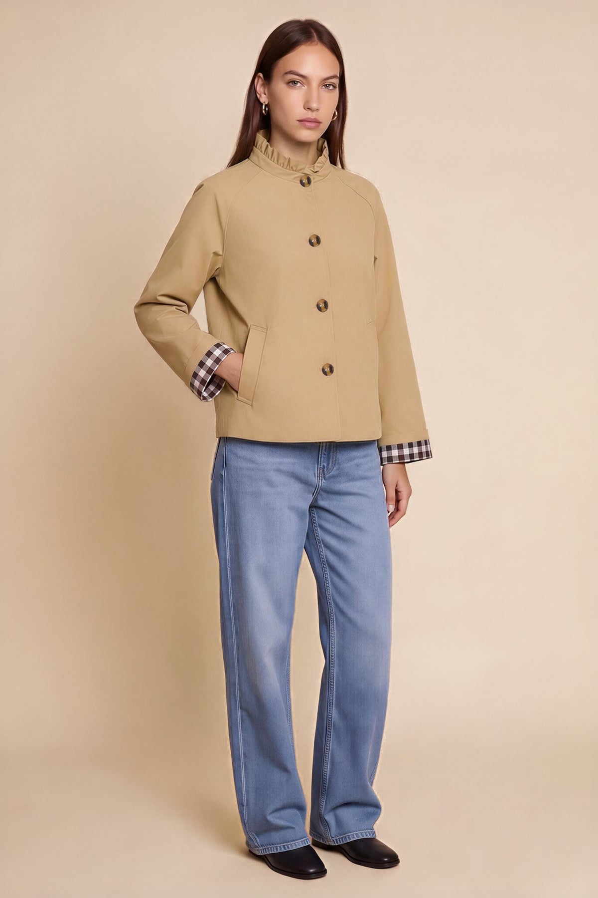 Womens Light Khaki Ruffle Short Trench Coat | CicyBell