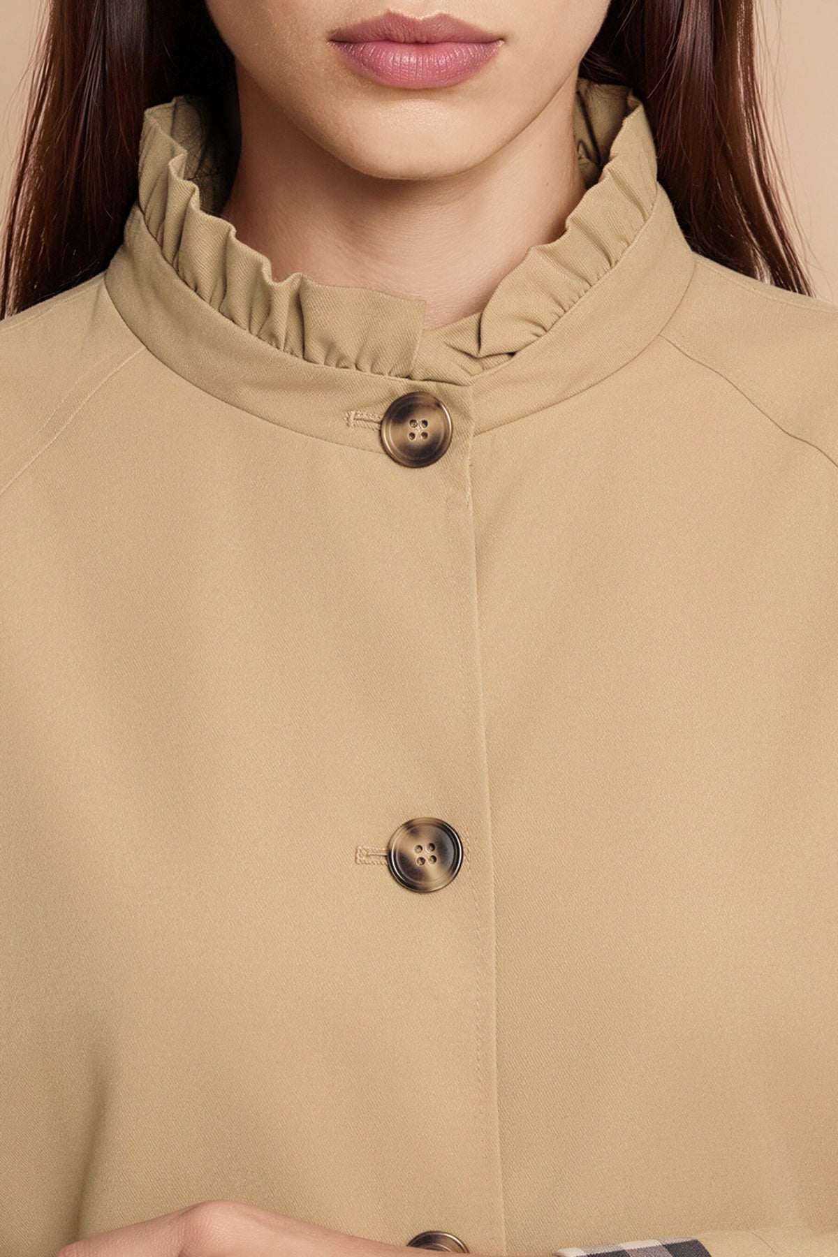 Womens Light Khaki Ruffle Short Trench Coat | CicyBell