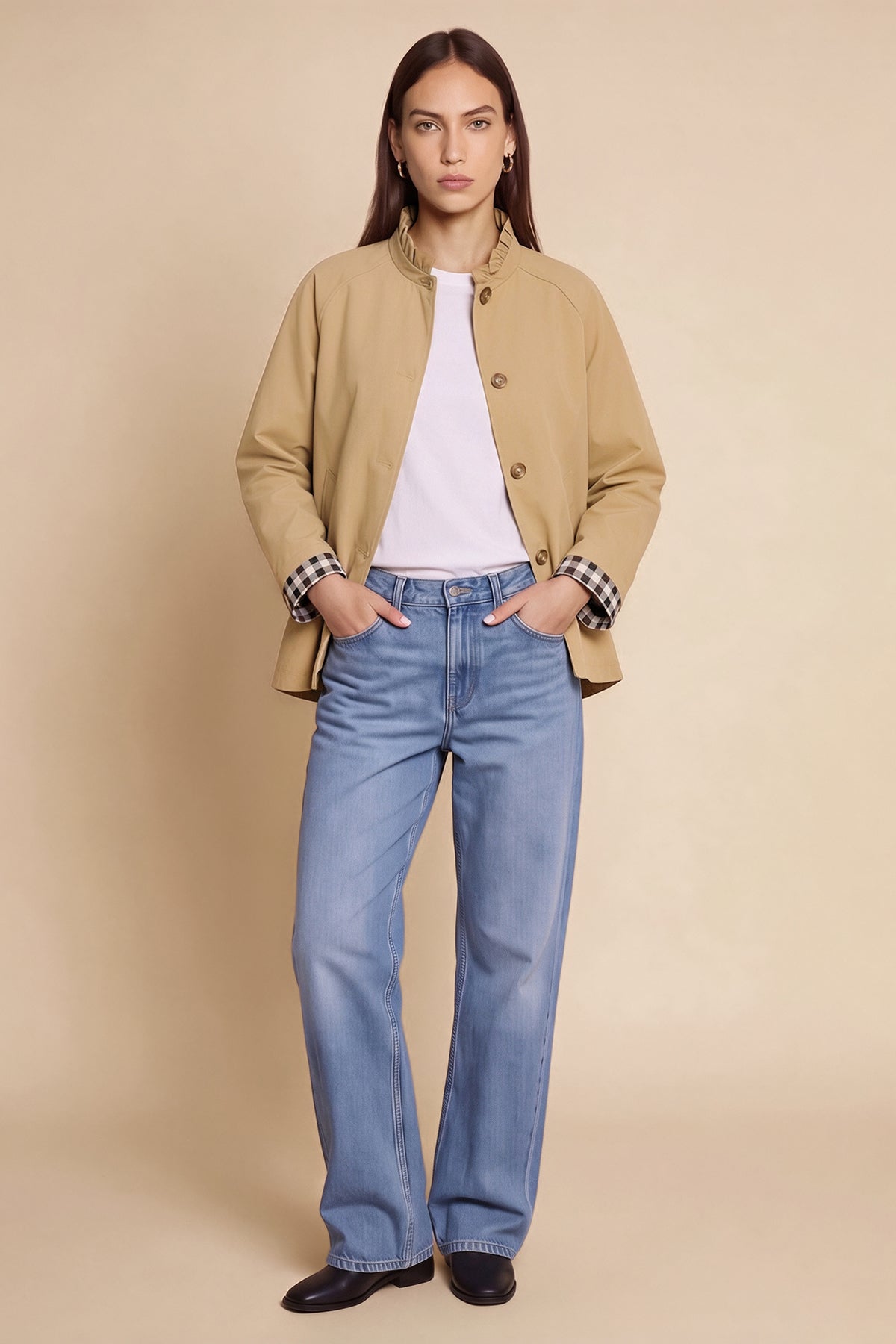 Womens Light Khaki Ruffle Short Trench Coat | CicyBell