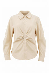 Womens Light Khaki Ruched Button Down Shirts | CicyBell