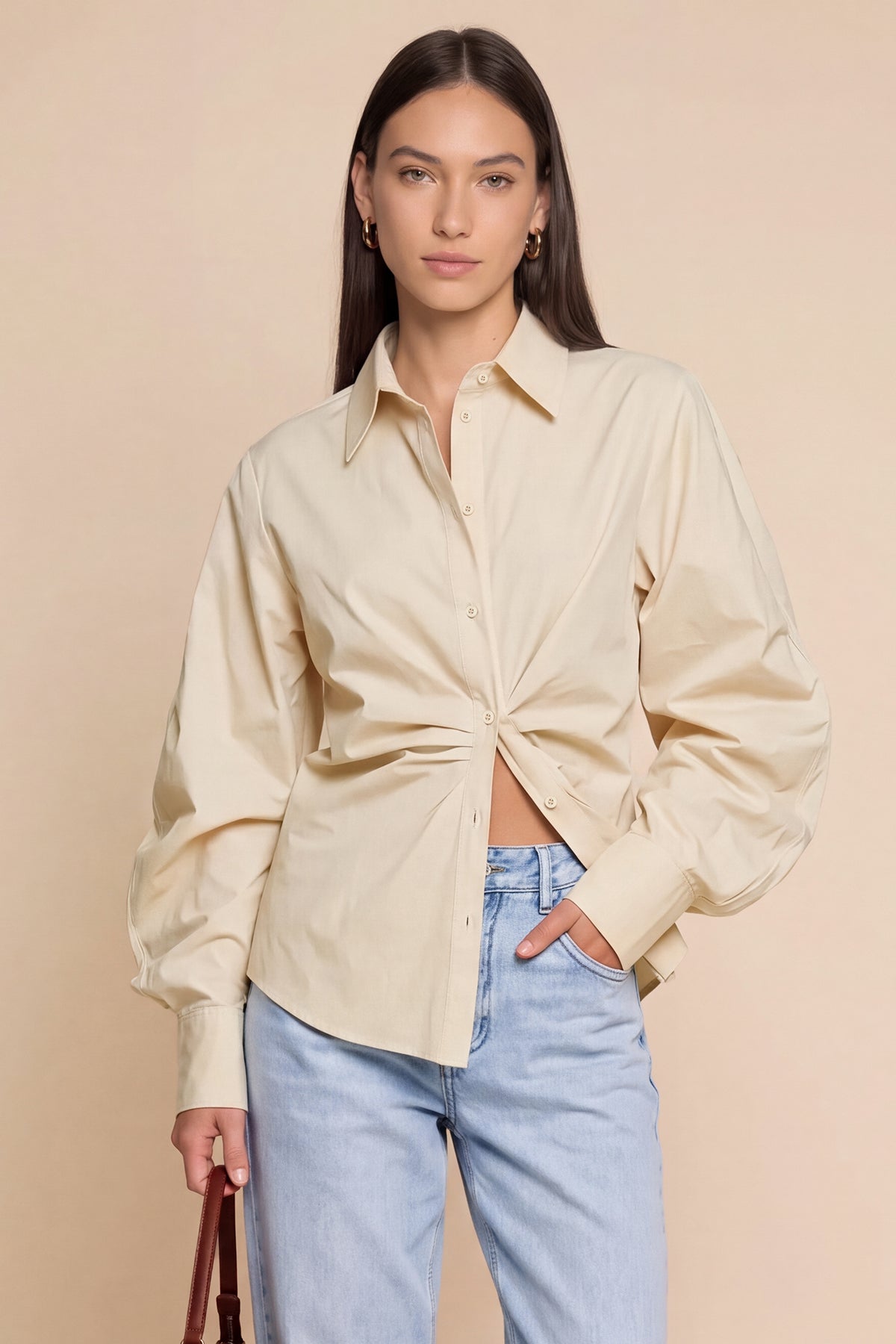 Womens Light Khaki Ruched Button Down Shirts | CicyBell