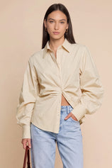 Womens Light Khaki Ruched Button Down Shirts | CicyBell