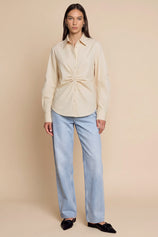 Womens Light Khaki Ruched Button Down Shirts | CicyBell