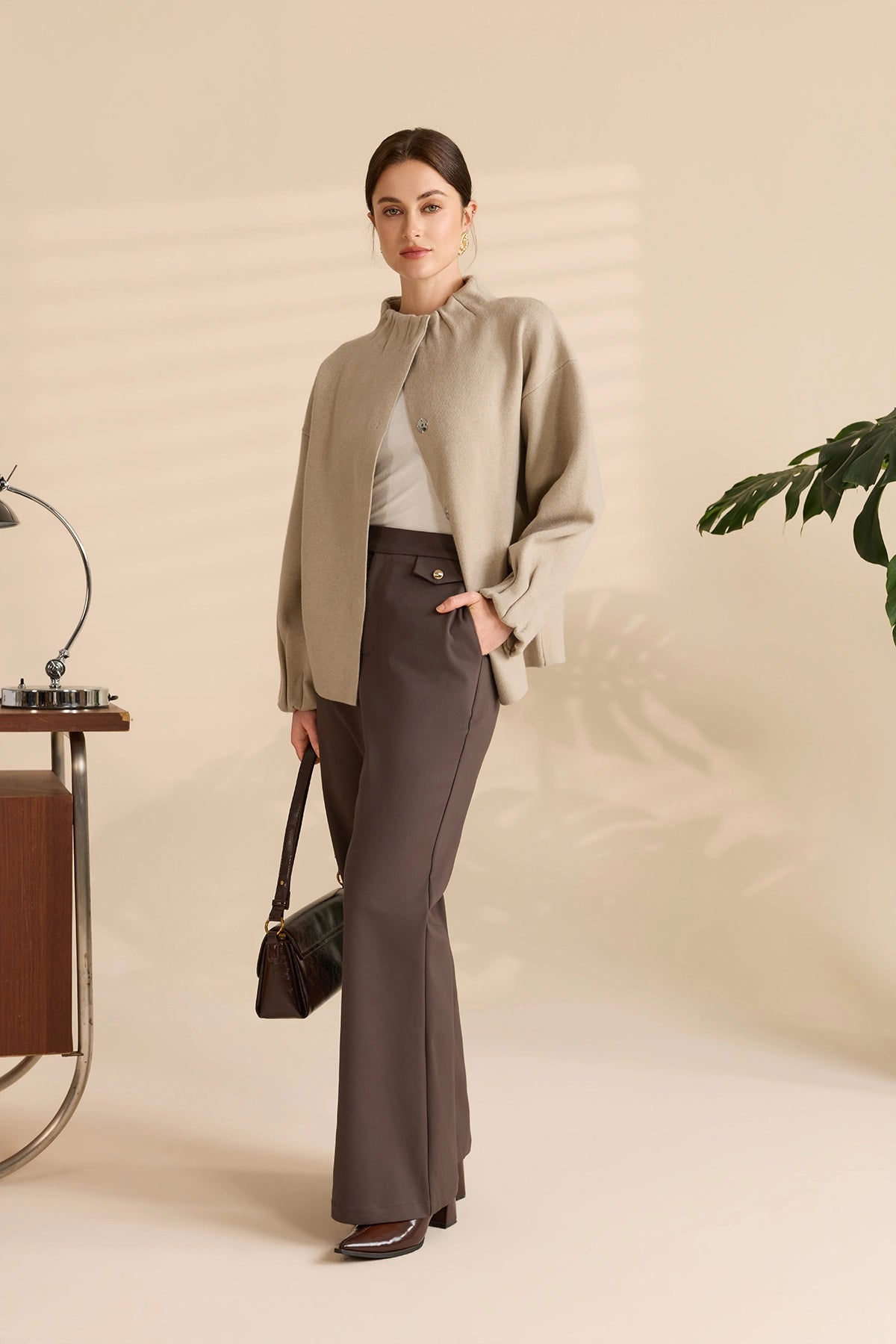 Womens Light Khaki Mock Neck Sweater Cardigan | Cicy Bell
