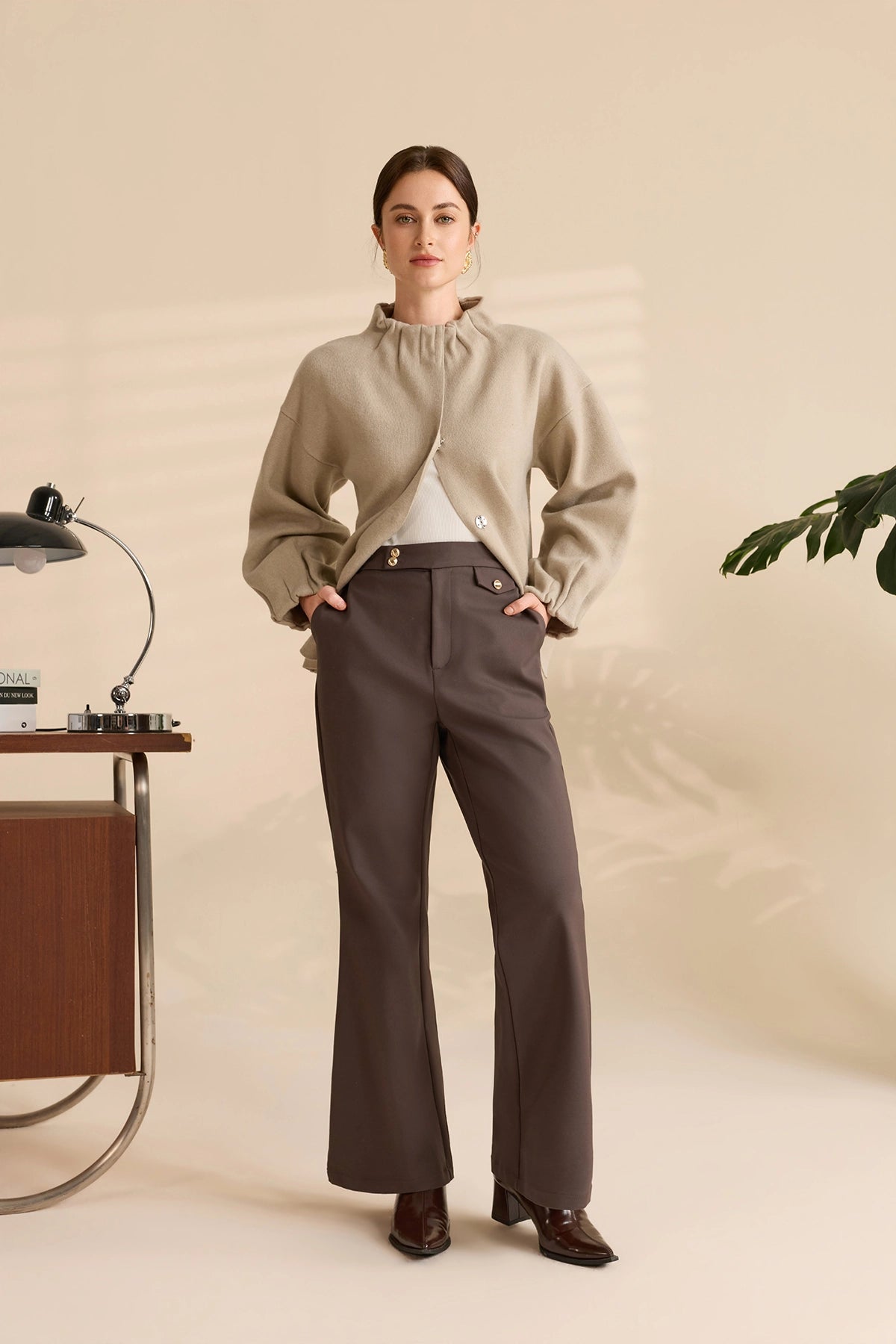 Womens Light Khaki Mock Neck Sweater Cardigan | Cicy Bell